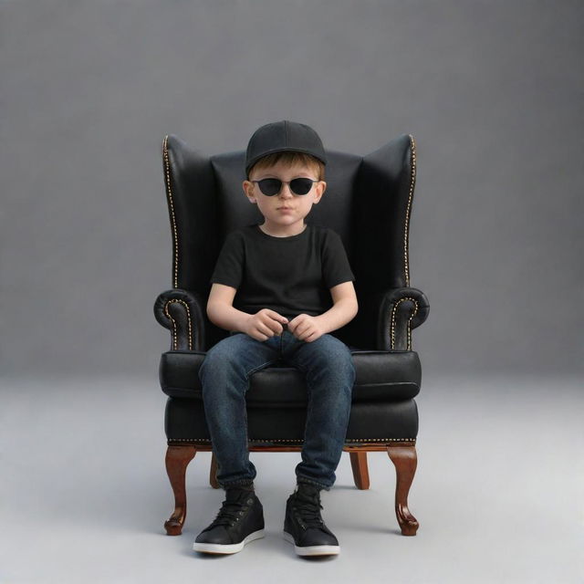 Render a 3D illusion of a stylish young boy in a black shirt and sunglasses, wearing sneakers and a black cricket cap, seated casually on a Wingback Chair, looking ahead.