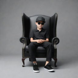 Render a 3D illusion of a stylish young boy in a black shirt and sunglasses, wearing sneakers and a black cricket cap, seated casually on a Wingback Chair, looking ahead.