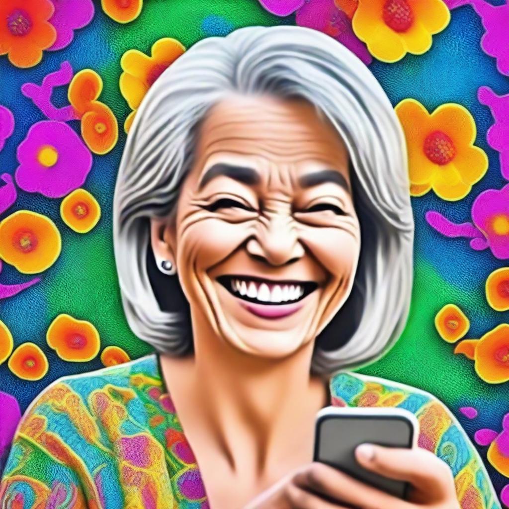 The updated digital art image now illustrates a woman exactly 60 years old, her face lit up with joy as she learns to use Instagram on her smartphone