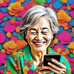 The updated digital art image now illustrates a woman exactly 60 years old, her face lit up with joy as she learns to use Instagram on her smartphone