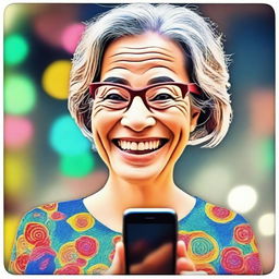 The updated digital art image now illustrates a woman exactly 60 years old, her face lit up with joy as she learns to use Instagram on her smartphone