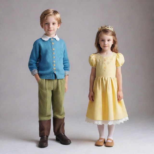 Portray a slightly enlarged figures of a cute little girl and a charming little prince standing side by side, conveying their childish innocence.