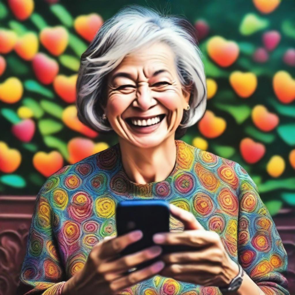 The updated digital art image now illustrates a woman exactly 60 years old, her face lit up with joy as she learns to use Instagram on her smartphone