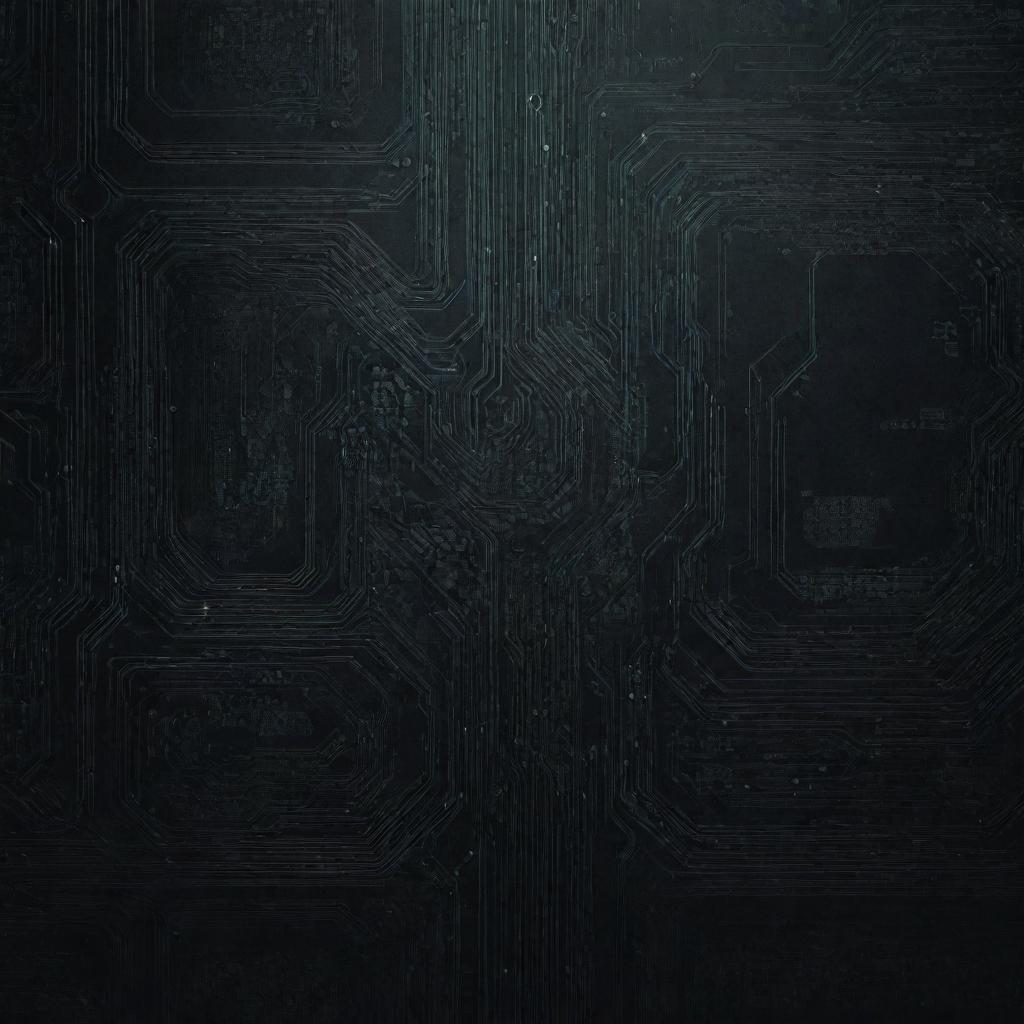 Mysterious, dark-themed design representing the dominance of technology, with elements like circuit patterns, digital code, robotics, and AI.