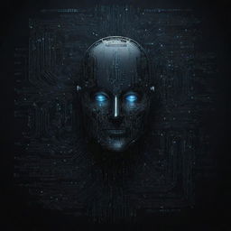 Mysterious, dark-themed design representing the dominance of technology, with elements like circuit patterns, digital code, robotics, and AI.