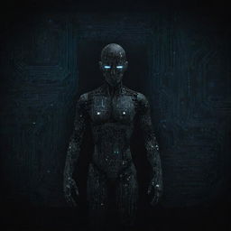 Mysterious, dark-themed design representing the dominance of technology, with elements like circuit patterns, digital code, robotics, and AI.