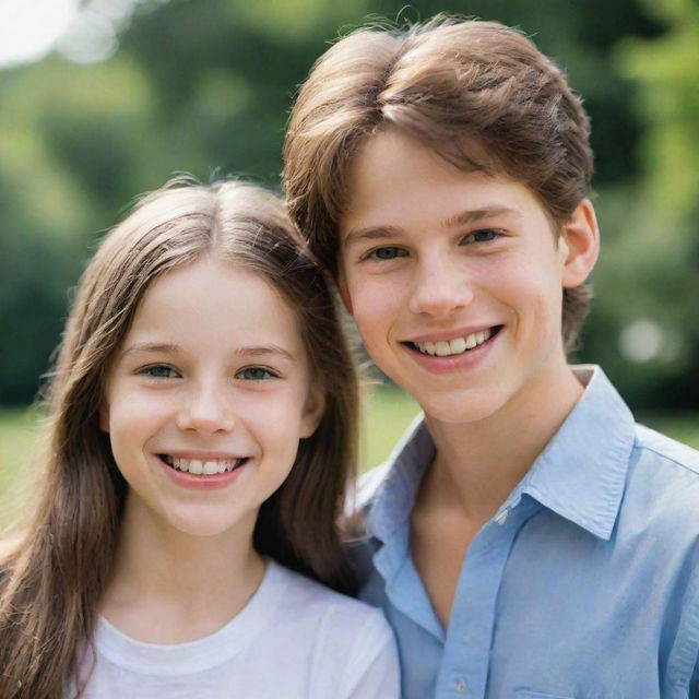 Depict a 12-year-old girl and prince, maturing into adolescence, with fair, bright white skin tone, their smiles reflecting the wisdom of their age.