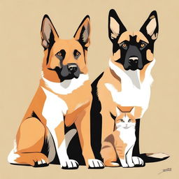 A high-quality digital art piece featuring a German Shepherd dog and an orange and white cat