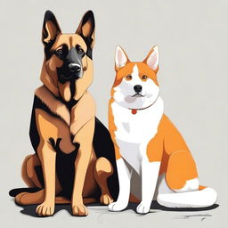 A high-quality digital art piece featuring a German Shepherd dog and an orange and white cat