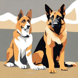 A high-quality digital art piece featuring a German Shepherd dog and an orange and white cat