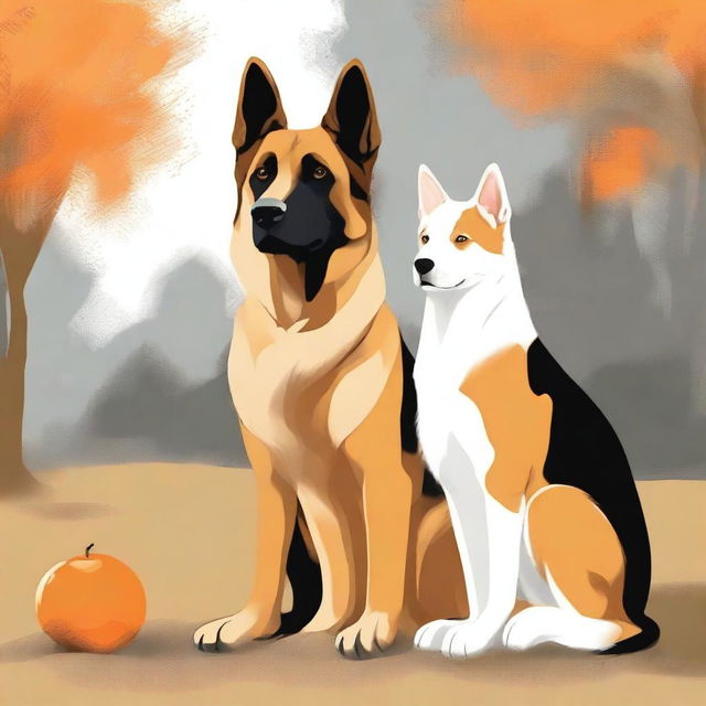 A high-quality digital art piece featuring a German Shepherd dog and an orange and white cat