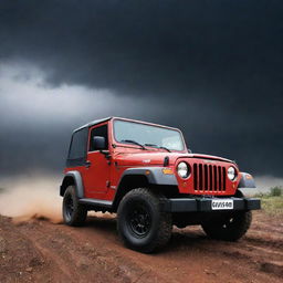 A dynamic Mahindra Thar under a thunderous sky, suitable for a bold and dramatic wallpaper.