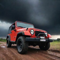 A dynamic Mahindra Thar under a thunderous sky, suitable for a bold and dramatic wallpaper.