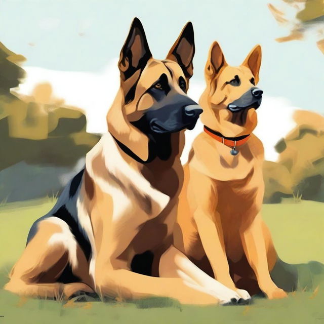 A high-resolution digital painting featuring a German Shepherd and an orange cat