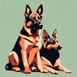 A high-resolution digital painting featuring a German Shepherd and an orange cat