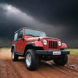 A dynamic Mahindra Thar under a thunderous sky, suitable for a bold and dramatic wallpaper.