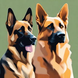 A high-resolution digital painting featuring a German Shepherd and an orange cat