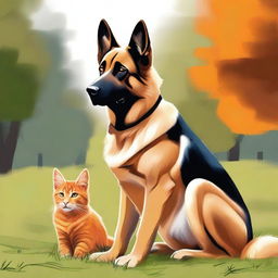 A high-resolution digital painting featuring a German Shepherd and an orange cat