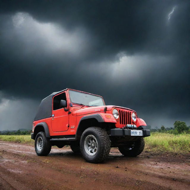 A dynamic Mahindra Thar under a thunderous sky, suitable for a bold and dramatic wallpaper.