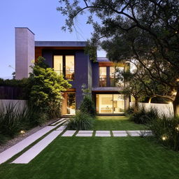 Luxury duplex home with expansive garden, modern architecture, lush landscaping, and high-end finishes.