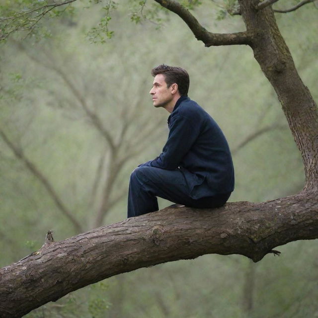 A man perched on a thick tree branch, peacefully observing his surroundings.
