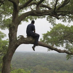 A man perched on a thick tree branch, peacefully observing his surroundings.