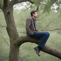 A man perched on a thick tree branch, peacefully observing his surroundings.