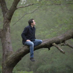 A man perched on a thick tree branch, peacefully observing his surroundings.