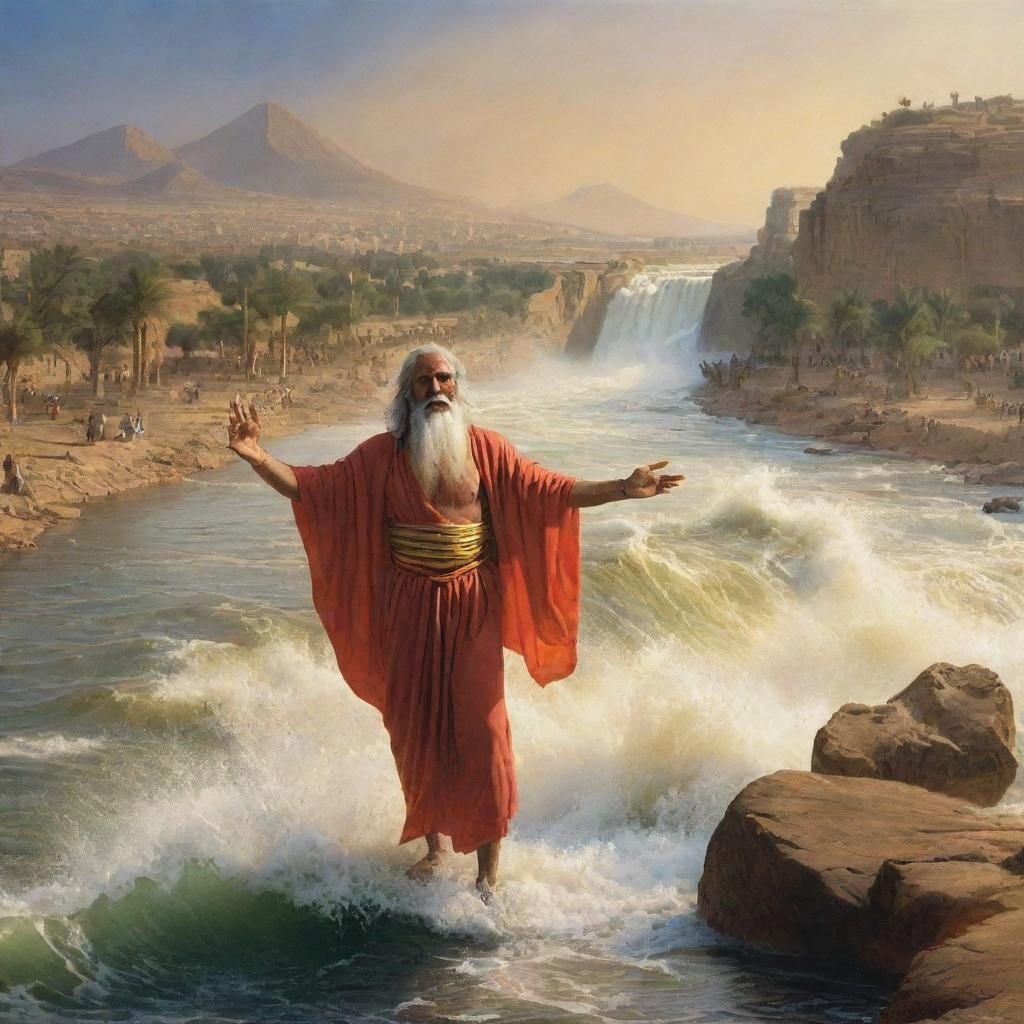 The Prophet Musa (Moses) parting the waters of the River Nile, with awe-inspiring surroundings and a vivid display of miraculous power.