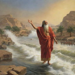 The Prophet Musa (Moses) parting the waters of the River Nile, with awe-inspiring surroundings and a vivid display of miraculous power.