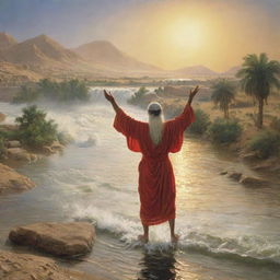 The Prophet Musa (Moses) parting the waters of the River Nile, with awe-inspiring surroundings and a vivid display of miraculous power.