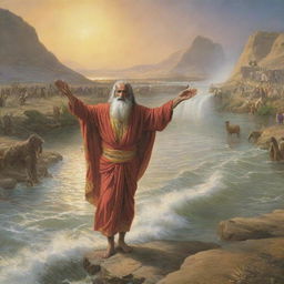 The Prophet Musa (Moses) parting the waters of the River Nile, with awe-inspiring surroundings and a vivid display of miraculous power.