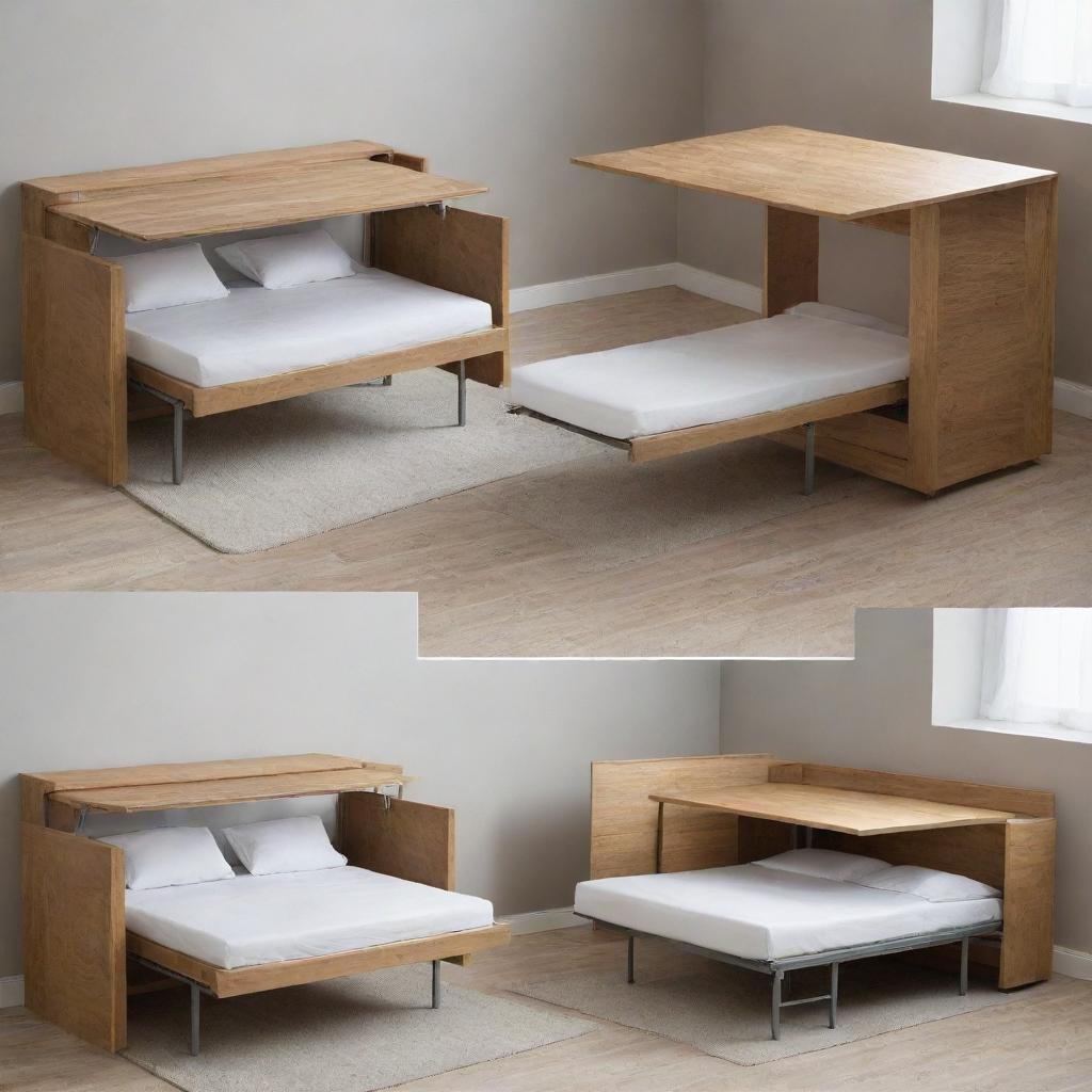 Convertible furniture pieces demonstrating transformation, specifically a dining table folding into a smaller console and a sofa morphing into a bunk bed