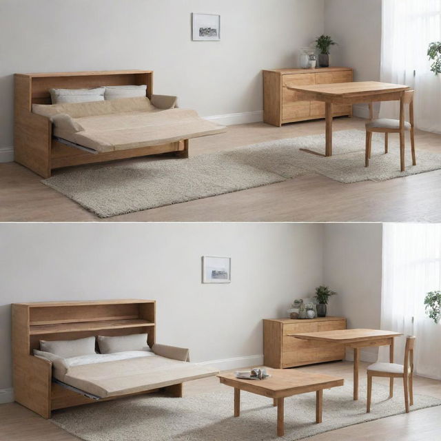 Convertible furniture pieces demonstrating transformation, specifically a dining table folding into a smaller console and a sofa morphing into a bunk bed