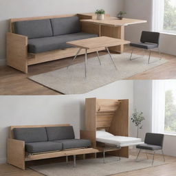 Convertible furniture pieces demonstrating transformation, specifically a dining table folding into a smaller console and a sofa morphing into a bunk bed