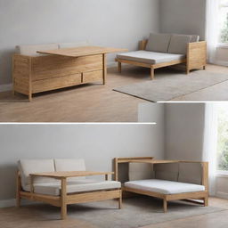 Convertible furniture pieces demonstrating transformation, specifically a dining table folding into a smaller console and a sofa morphing into a bunk bed