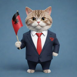 A business cat character dressed in a suit, holding the Albanian flag.