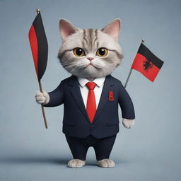 A business cat character dressed in a suit, holding the Albanian flag.