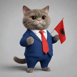 A business cat character dressed in a suit, holding the Albanian flag.