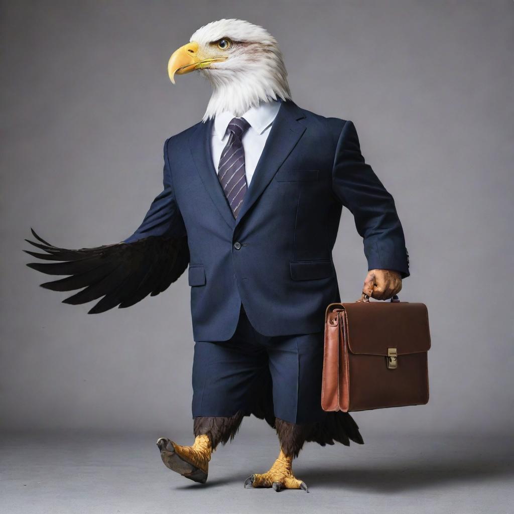 An imposing eagle dressed in a sharp business suit, carrying a briefcase.