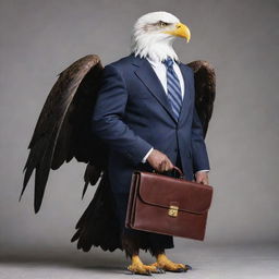 An imposing eagle dressed in a sharp business suit, carrying a briefcase.