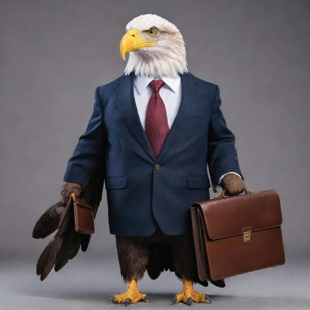 An imposing eagle dressed in a sharp business suit, carrying a briefcase.