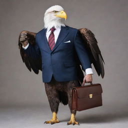 An imposing eagle dressed in a sharp business suit, carrying a briefcase.