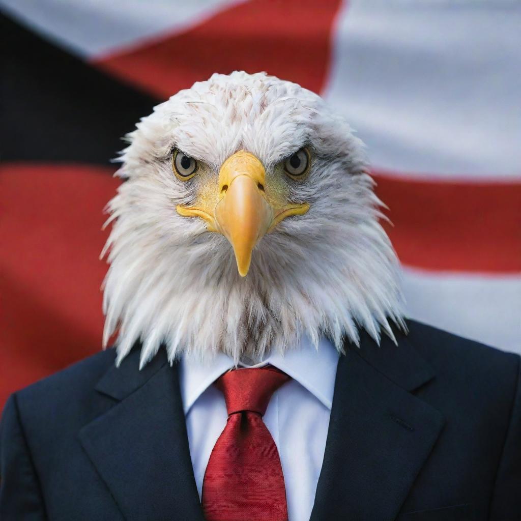 A portrait of an impressive eagle dressed as a businessman, shot with a 50mm lens. The background features the Albanian flag.