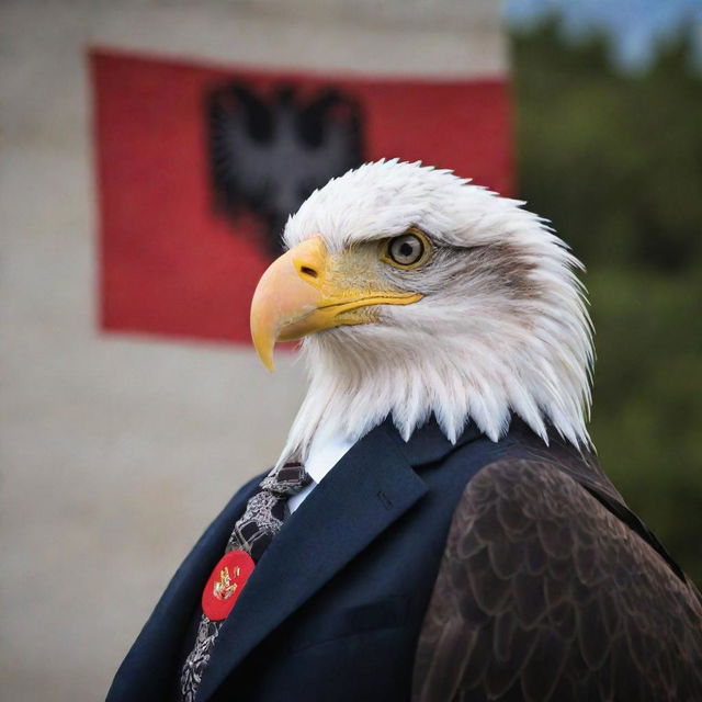 A portrait of an impressive eagle dressed as a businessman, shot with a 50mm lens. The background features the Albanian flag.