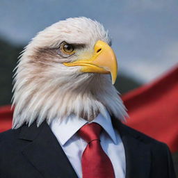 A portrait of an impressive eagle dressed as a businessman, shot with a 50mm lens. The background features the Albanian flag.