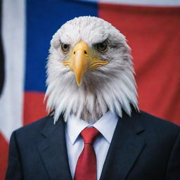 A portrait of an impressive eagle dressed as a businessman, shot with a 50mm lens. The background features the Albanian flag.