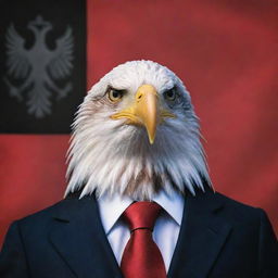 A portrait of an impressive eagle businessperson, shot with a 50mm lens, with the Albanian flag as a background. The eagle is coolly smoking a cigar.