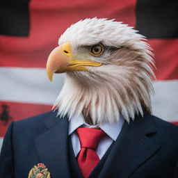 A portrait of an impressive eagle businessperson, shot with a 50mm lens, with the Albanian flag as a background. The eagle is coolly smoking a cigar.