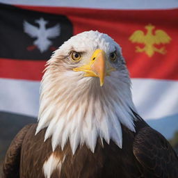 A portrait of an impressive eagle businessperson, shot with a 50mm lens, with the Albanian flag as a background. The eagle is coolly smoking a cigar.